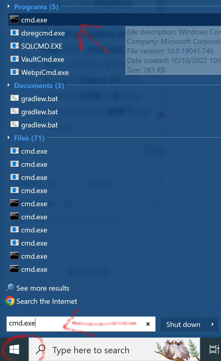 Windows start menu, cmd.exe command line prompt