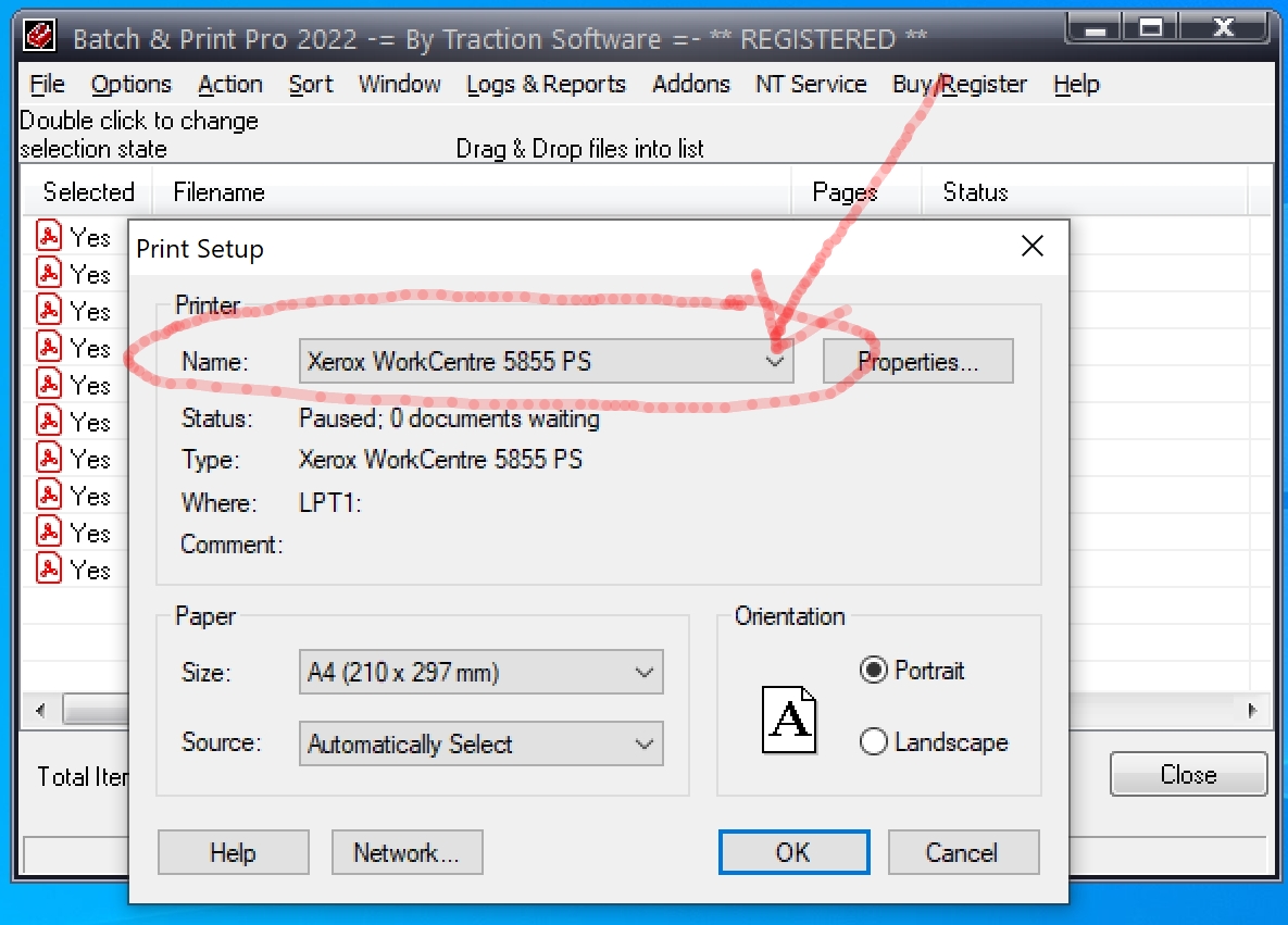 Select printer in the printer window for batch printing files
