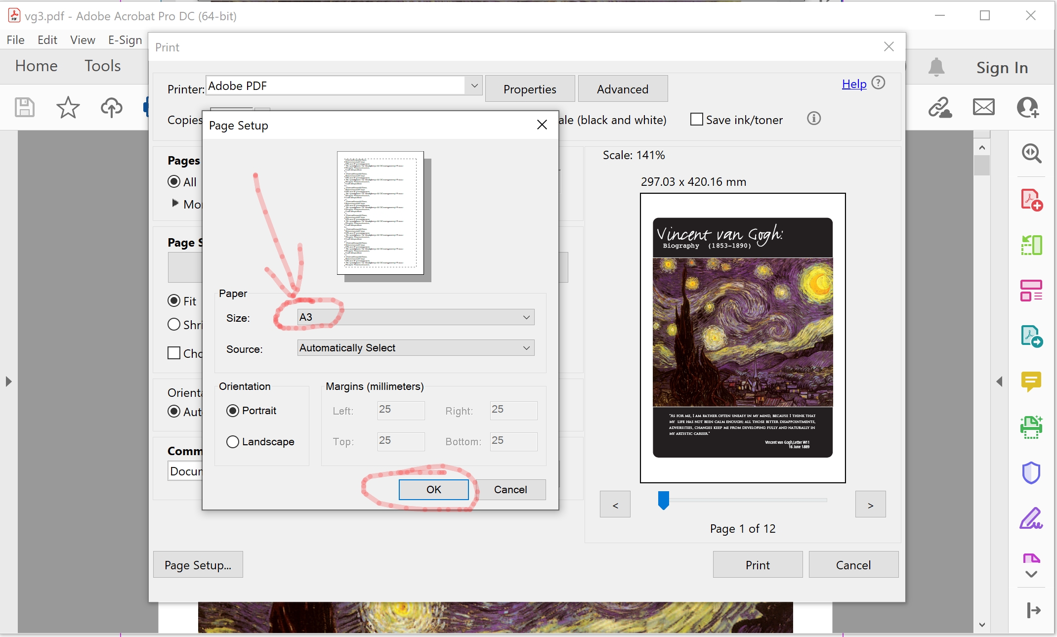 Print as A3 selection in Adobe Acrobat, Print to Fit