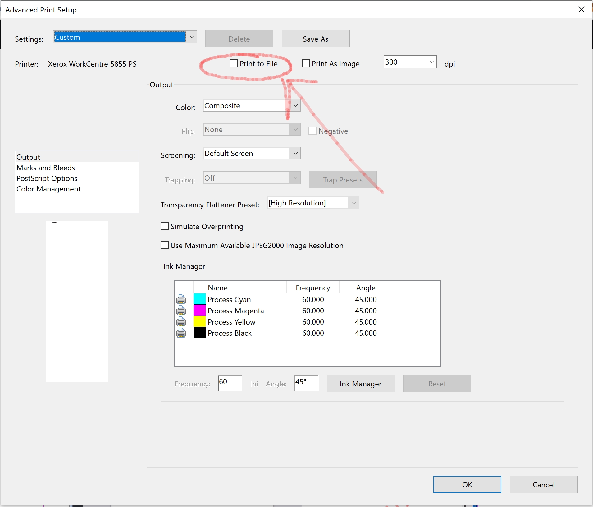 Uncheck Print to File to fix a document error in Adobe