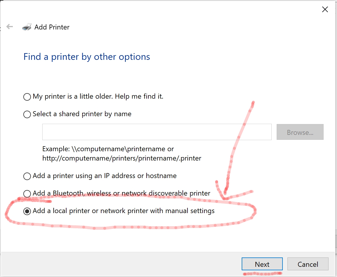 Add a new local printer on LPT1: