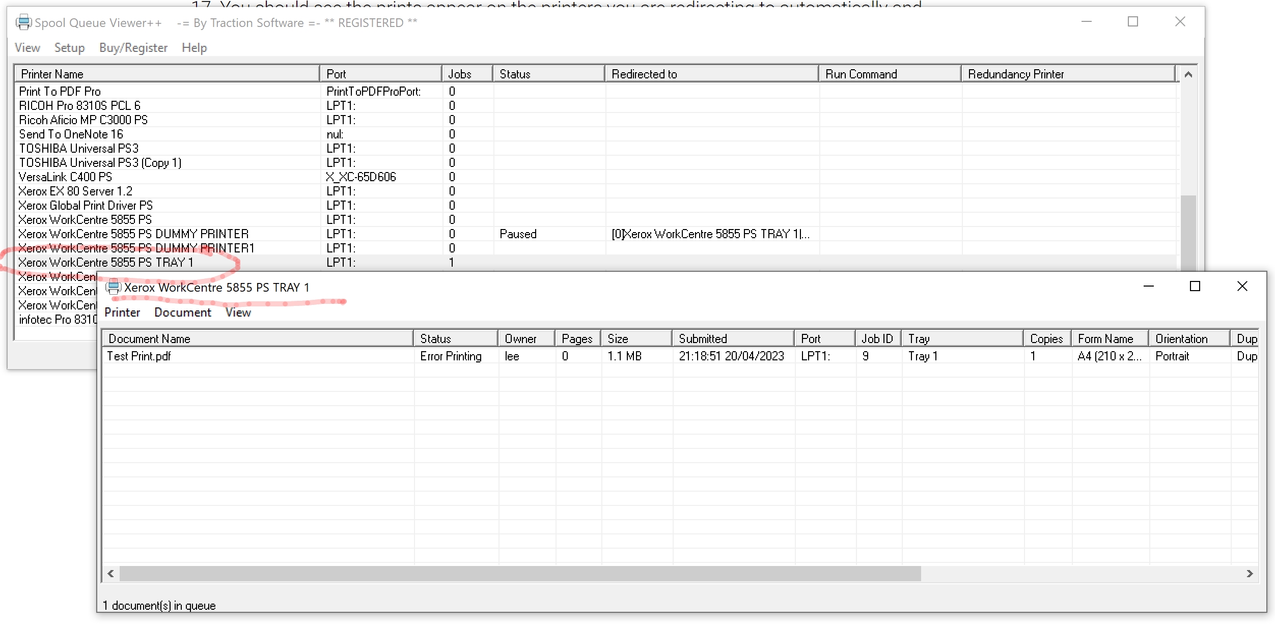 Click on the printer name in the list to view print as pdf